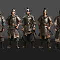 Five Men Standing in Ancient Metal Armor With Helmets and Swords Displaying Historical Warrior Attire