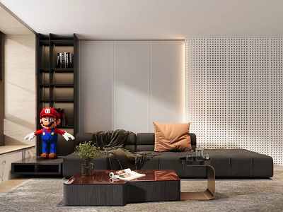 Modern Living Room Interior With Black Sofa Brown Pillow Coffee Table And Mario Plush Toy 3d model