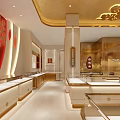 Luxurious Jewelry Store Interior With Glass Display Cases Golden Ceiling Decor And Elegant Counters