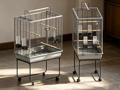 Sturdy Metal Pet Cages On Stands With Wooden Handles And Wheels For Indoor Use 3d model