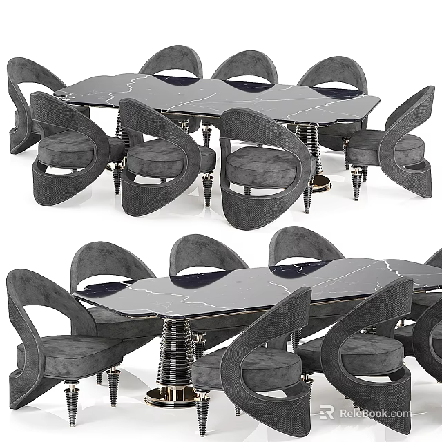 Modern Dining Table and Chairs Set with Curved Backrest Marble Tabletop Metal Legs 3d model 