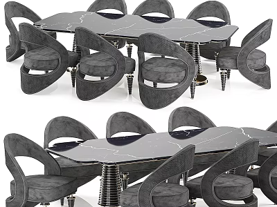 Modern Dining Table and Chairs Set with Curved Backrest Marble Tabletop Metal Legs 3d model