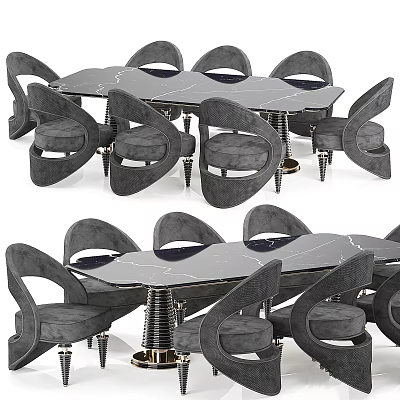 Modern Dining Table and Chairs Set with Curved Backrest Marble Tabletop Metal Legs 3d model