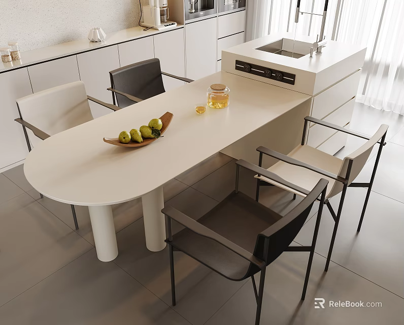 Modern White Dining Table Set with Dark and Light Chairs Green Apples and Wooden Tray 3d model 