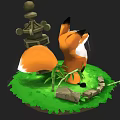 Cute Cartoon Fox Sitting On Green Grass With Stones And Stone Lantern