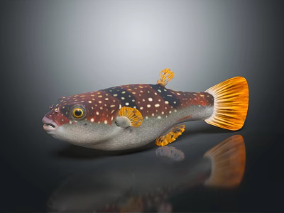 Vibrant Pufferfish With Smooth Reddish Brown Body White Spots And Yellow Fins Tail 3d model
