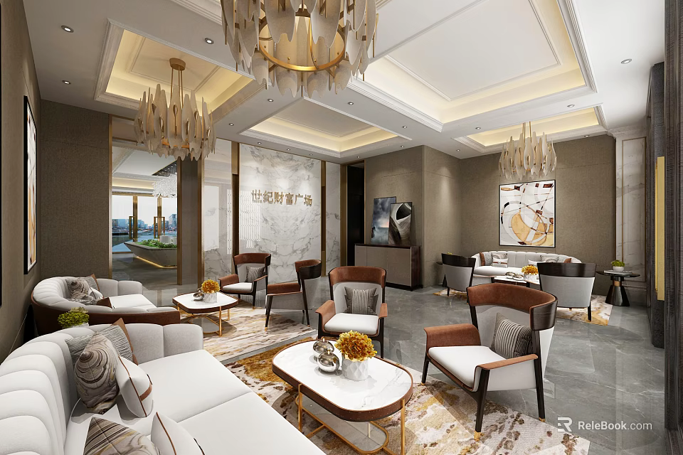 Elegant Modern Lounge Area Interior With Sofas Armchairs Coffee Tables And Chandeliers 3d model