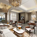 Elegant Modern Lounge Area Interior With Sofas Armchairs Coffee Tables And Chandeliers 3d model