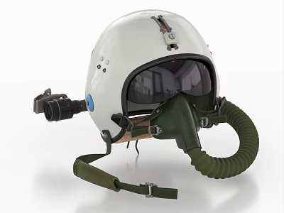 White Aviation Pilot Helmet with Black Visor Green Breathing Tube and Metal Straps 3d model
