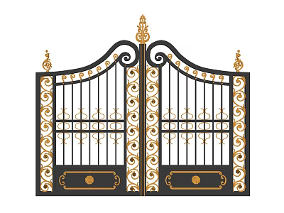 Black and Gold Iron Gates with Ornate Scroll Designs and Finial Decorations 3d model