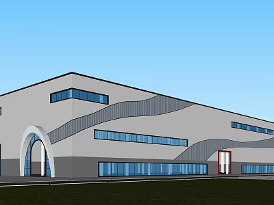 Modern Industrial Factory Building Exterior With Large Glass Windows And Curved Lines 3d model