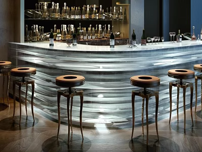 Modern Curved Bar Counter With Glasses Bottles On Shelves And Wooden Stools 3d model