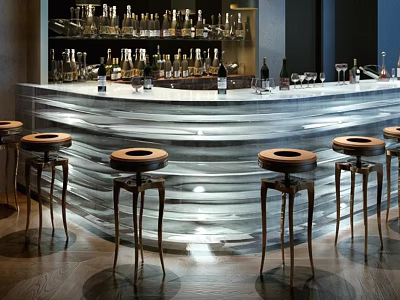 Modern Curved Bar Counter With Glasses Bottles On Shelves And Wooden Stools 3d model