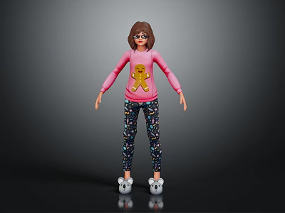 3D Character Wearing Pink Sweatshirt With Gingerbread Man Graphic And Floral Pants White Shoes 3d model