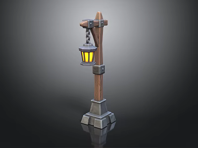 Vintage Street Lamp With Wooden Pole Stone Base And Hanging Yellow Light Lantern 3d model