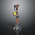 Vintage Street Lamp With Wooden Pole Stone Base And Hanging Yellow Light Lantern