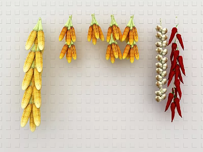 Fresh Corn Garlic and Red Chili Peppers Hanging as Decorative Vegetables 3d model