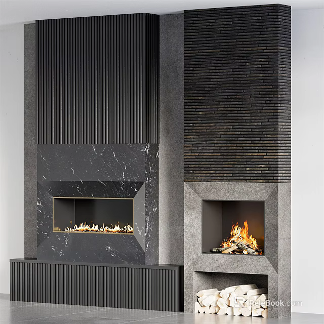 Modern Double Fireplace Design With Dark Striped Marble And Burning Flames 3d model