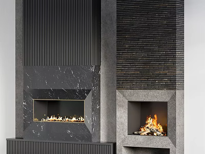 Modern Double Fireplace Design With Dark Striped Marble And Burning Flames 3d model