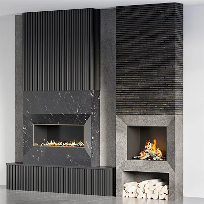 Modern Double Fireplace Design With Dark Striped Marble And Burning Flames 3d model