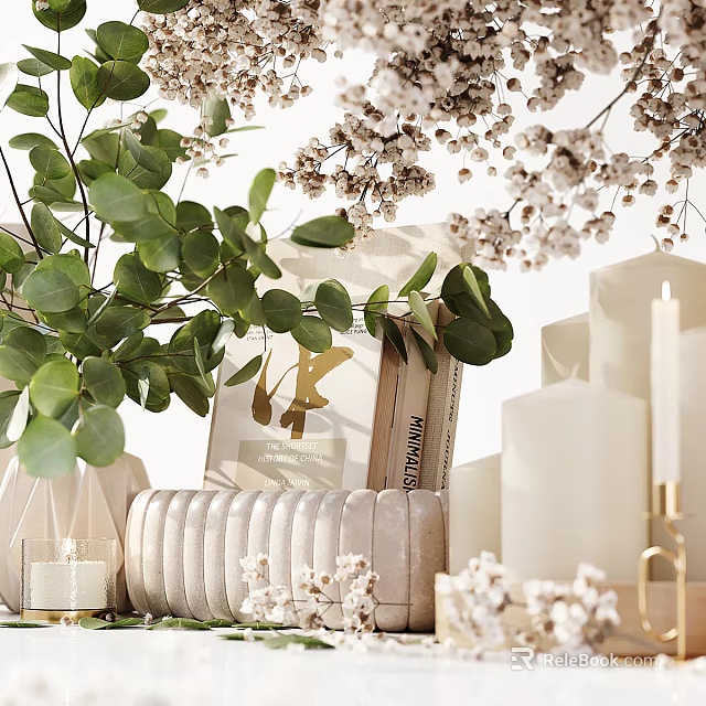 Natural Decorative Ornament Set With Green Eucalyptus Leaves White Blossoms Books Candles And Golden Accents 3d model 