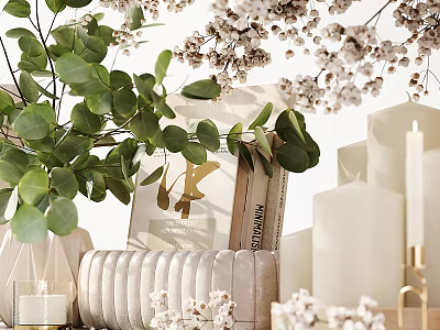 Natural Decorative Ornament Set With Green Eucalyptus Leaves White Blossoms Books Candles And Golden Accents 3d model