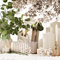 Natural Decorative Ornament Set With Green Eucalyptus Leaves White Blossoms Books Candles And Golden Accents