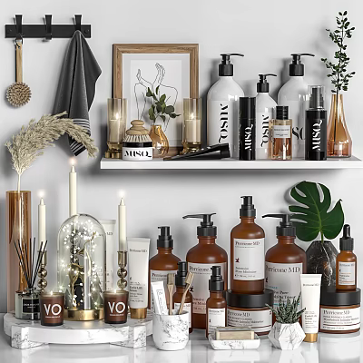 Modern Bathroom Accessories With White Brown Bottles Towels Candles And Green Plants On Shelf 3d model