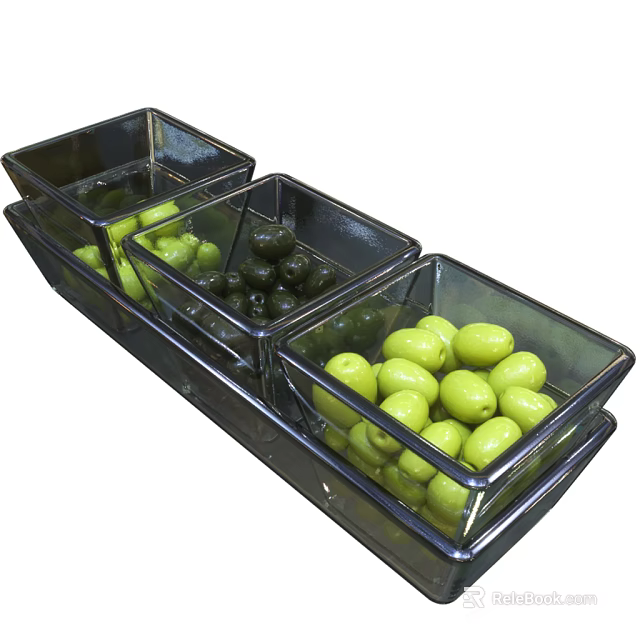 Fresh Green And Black Olives Displayed In Transparent Rectangular Containers 3d model