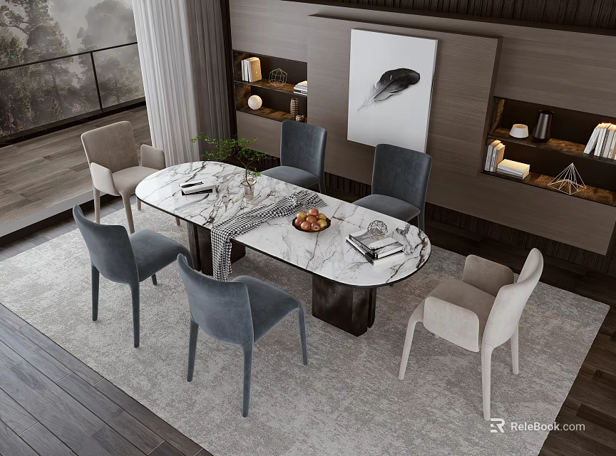 Modern Dining Table Set With Marble Top And Gray Beige Chairs In Elegant Interior 3d model