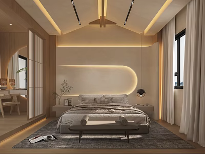 Modern Bedroom Interior With Wooden Elements Lighting Design Cozy Bed Mirror And Curtains 3d model
