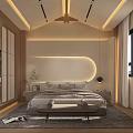 Modern Bedroom Interior With Wooden Elements Lighting Design Cozy Bed Mirror And Curtains