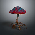 Vibrant Red Mushroom With Blue Spots And Root Like Structures As Edible Food