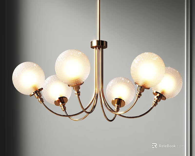 Modern Chandelier with Golden Brass Frame and Six White Textured Glass Globes for Interior Lighting 3d model 