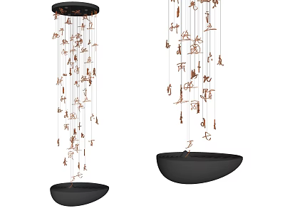Two Elegant Modern Chandeliers With Black Bowl Base And Hanging Copper Ornaments 3d model