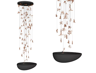 Two Elegant Modern Chandeliers With Black Bowl Base And Hanging Copper Ornaments 3d model
