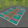 Park Landscape Featuring Fitness Area With Exercise Equipment Green Lawn And Trees
