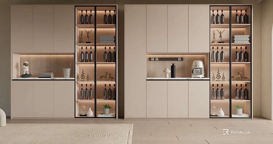 Modern Wine Cabinet With Glass Doors LED Lighting And Wine Bottle 3d model 