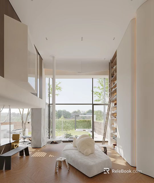 Duplex Living Room Interior Design With High Ceilings Large Windows And Natural Light 3d model 