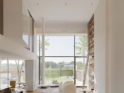 Duplex Living Room Interior Design With High Ceilings Large Windows And Natural Light 3d model