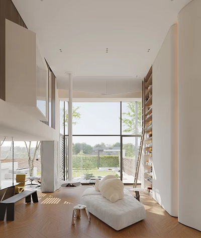 Duplex Living Room Interior Design With High Ceilings Large Windows And Natural Light 3d model