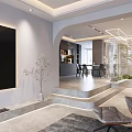 Modern Living And Dining Area Interior With Dining Table Chairs Large Windows Recessed Lighting And Cabinets