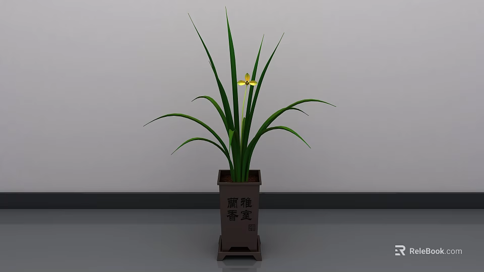 Bonsai Potted Plant with Long Green Leaves and Yellow Flower in Wooden Pot 3d model 