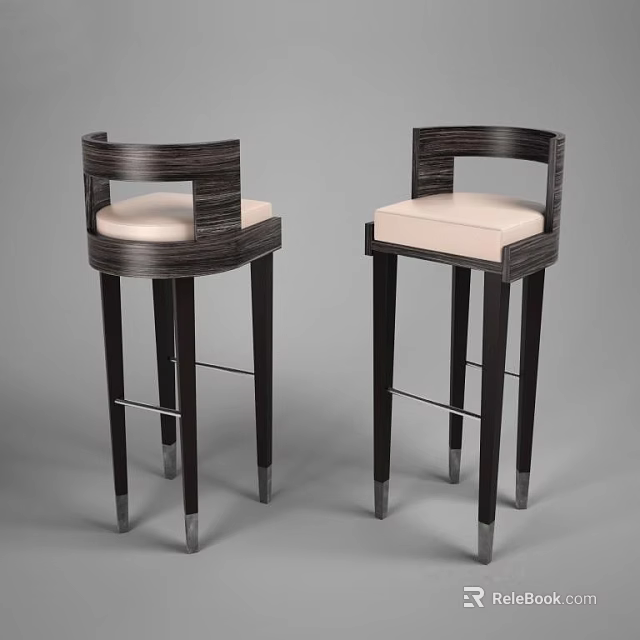 Pair Of Modern Bar Stools With Dark Wooden Frame Light Beige Padded Seat Metal Legs 3d model 