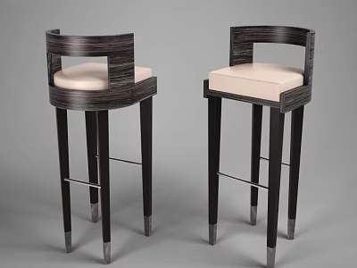 Pair Of Modern Bar Stools With Dark Wooden Frame Light Beige Padded Seat Metal Legs 3d model