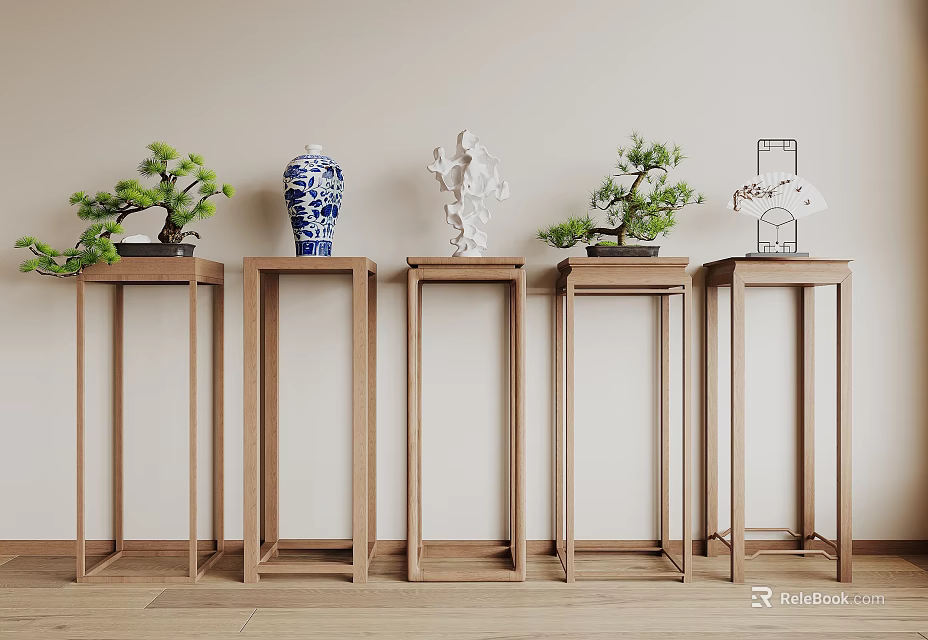 Minimalist Wooden Plant Stands With Green Plants Blue White Porcelain Vase White Sculpture Birdcage Decoration 3d model 