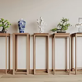 Minimalist Wooden Plant Stands With Green Plants Blue White Porcelain Vase White Sculpture Birdcage Decoration