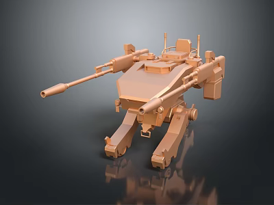 Golden Sci Fi Tank 3D Model With Multi Barrel Cannons And Mechanical Legs Design 3d model