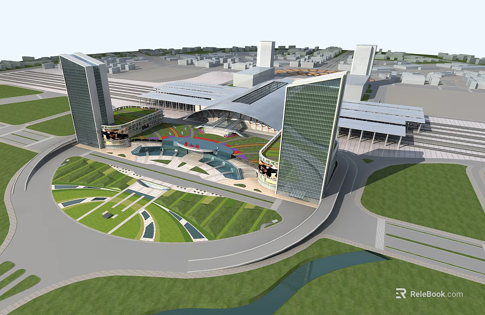 Modern Transportation Station Featuring Glass Facade Buildings Green Landscaping Circular Plaza And Surrounding Roads 3d model 