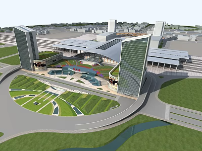 Modern Transportation Station Featuring Glass Facade Buildings Green Landscaping Circular Plaza And Surrounding Roads 3d model